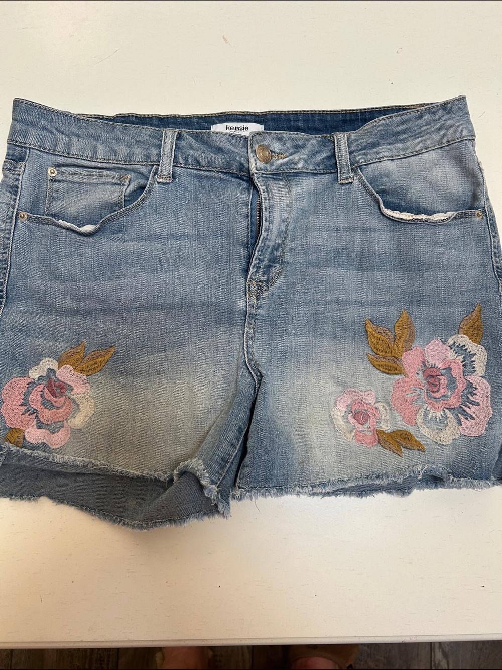 Kensie Light Blue Denim Shorts with Pink Floral Embroidery